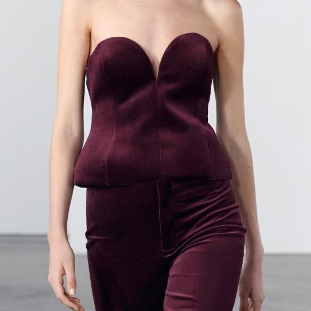 Zara Womens Top Small S Velvet Corset Burgundy Strapless Sleeveless 0079/082 NWT